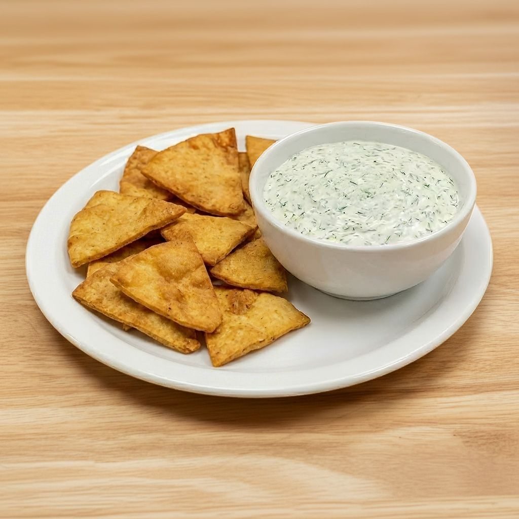 Tzatziki (Cucumber Sauce) with Pita Chips.